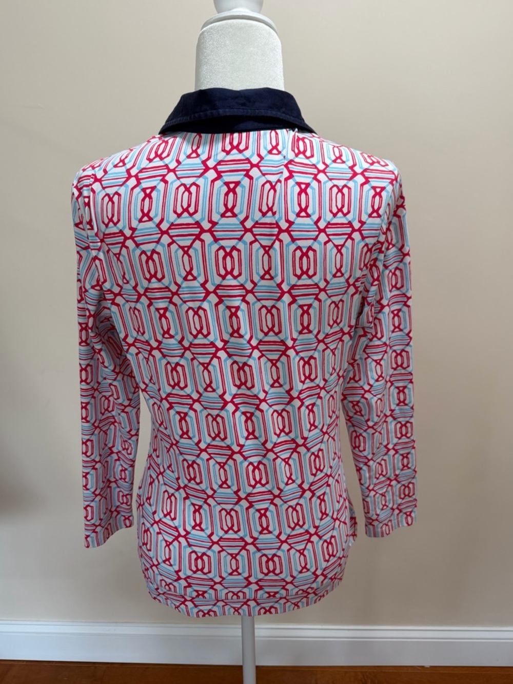 J. McLaughlin White w Pink Blue Pattern Catalina Cloth Long Sleeve Polo Top S - Picture 5 of 6